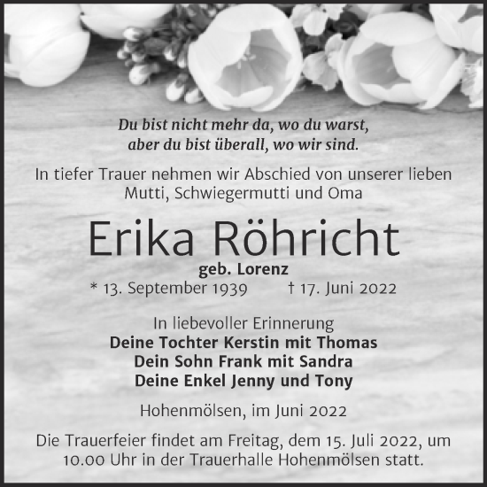 Traueranzeige von Erika Röhricht von Trauerkombi Weißenfels