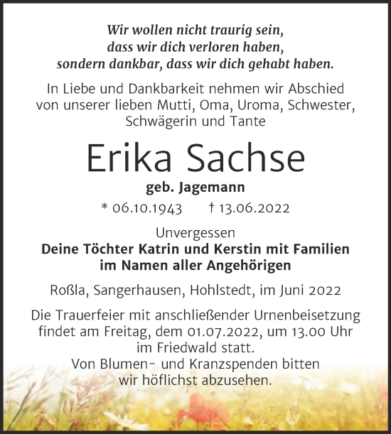 Traueranzeige von Erika Sachse von Trauerkombi Sangerhausen