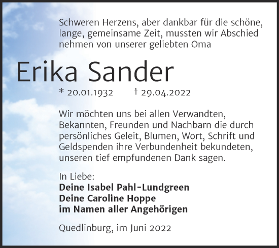 Traueranzeige von Erika Sander von Trauerkombi Quedlinburg