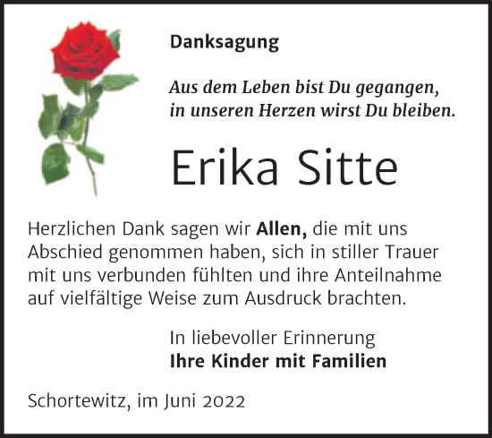 Traueranzeige von Erika Sitte von Trauerkombi Köthen