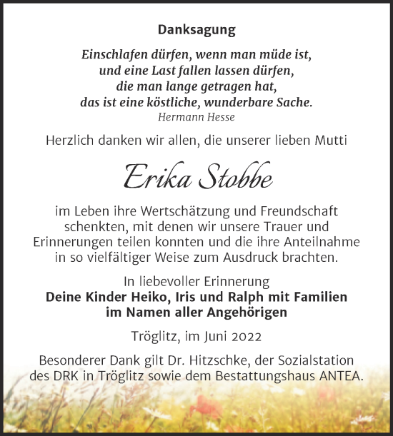 Traueranzeige von Erika Stobbe von Trauerkombi Zeitz