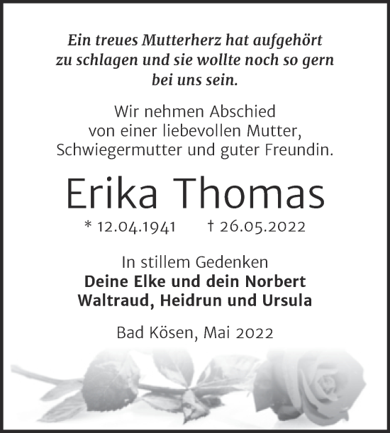 Traueranzeige von Erika Thomas von Wochenspiegel Naumburg/Nebra