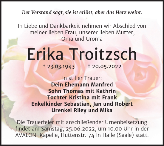 Traueranzeige von Erika Troitzsch von Mitteldeutsche Zeitung Halle/Saalkreis
