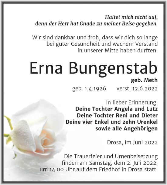 Traueranzeige von Erna Bungenstab von Trauerkombi Köthen