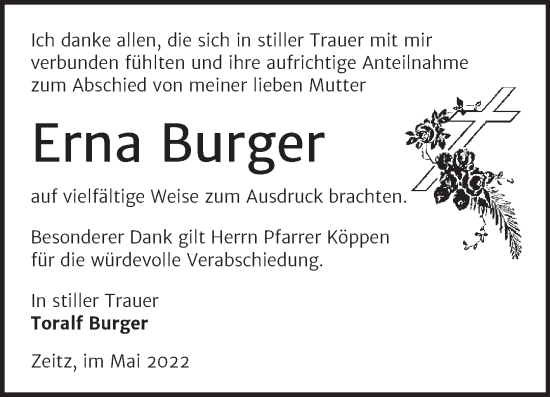 Traueranzeige von Erna Burger von Trauerkombi Zeitz