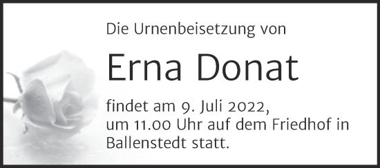 Traueranzeige von Erna Donat von Trauerkombi Quedlinburg