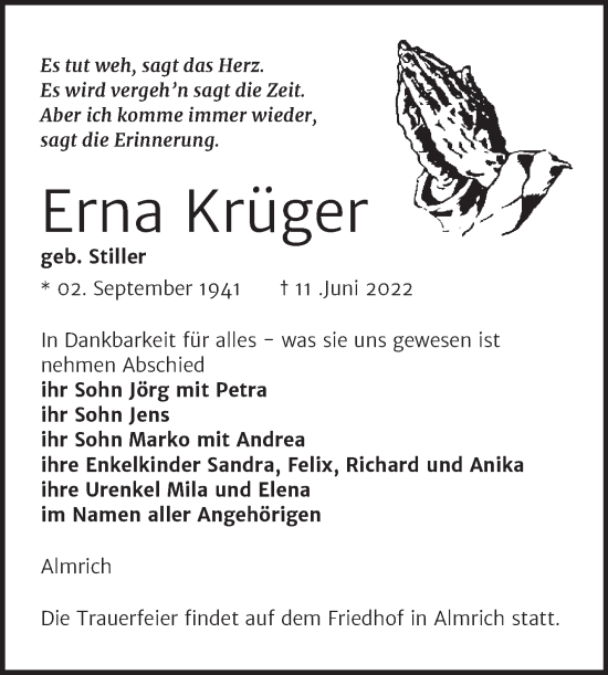 Traueranzeige von Erna Krüger von Wochenspiegel Naumburg/Nebra