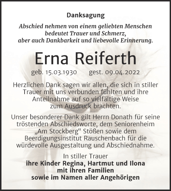 Traueranzeige von Erna Reiferth von Wochenspiegel Naumburg/Nebra