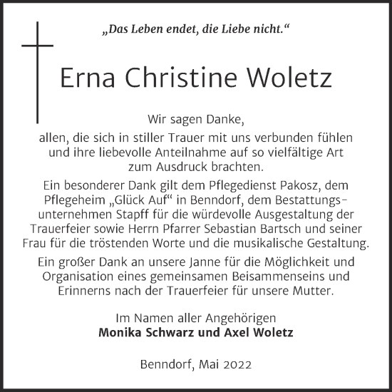 Traueranzeige von Erna Christine Woletz von Trauerkombi Mansfelder Land