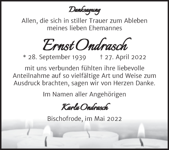 Traueranzeige von Ernst Ondrasch von Trauerkombi Mansfelder Land