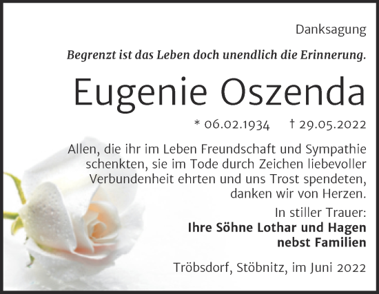 Traueranzeige von Eugenie Oszenda von Wochenspiegel Naumburg/Nebra