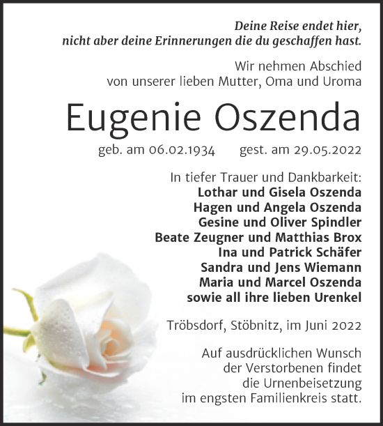 Traueranzeige von Eugenie Oszenda von Wochenspiegel Naumburg/Nebra