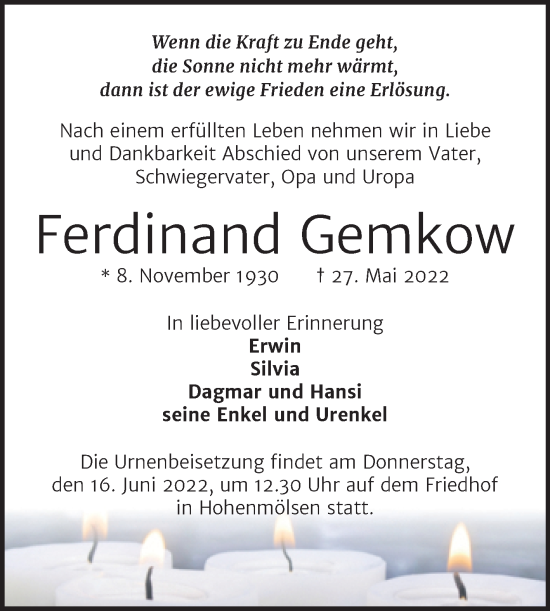 Traueranzeige von Ferdinand Gemkow von Trauerkombi Weißenfels