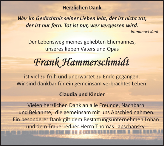 Traueranzeige von Frank Hammerschmidt von Trauerkombi Bitterfeld