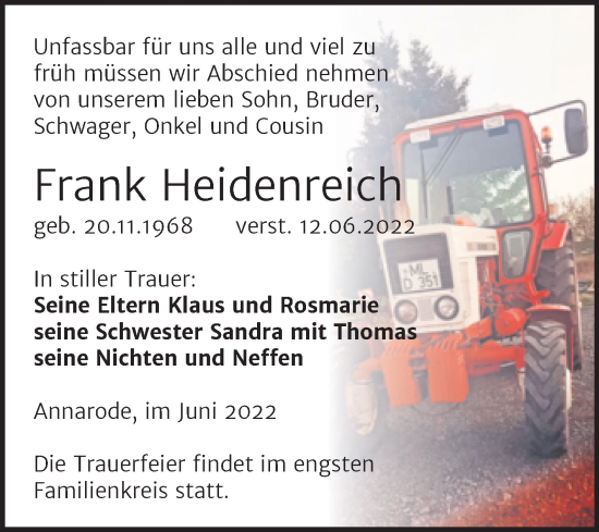 Traueranzeige von Frank Heidenreich von Trauerkombi Mansfelder Land