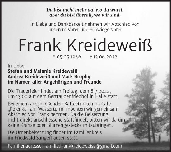 Traueranzeige von Frank Kreideweiß von Mitteldeutsche Zeitung Halle/Saalkreis
