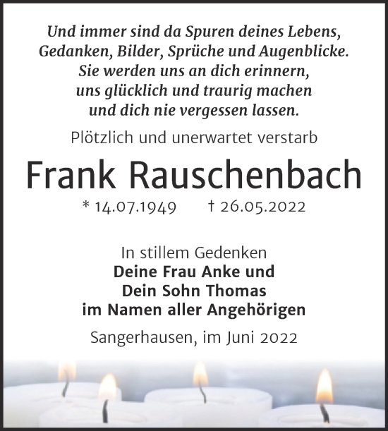 Traueranzeige von Frank Rauschenbach von Trauerkombi Sangerhausen