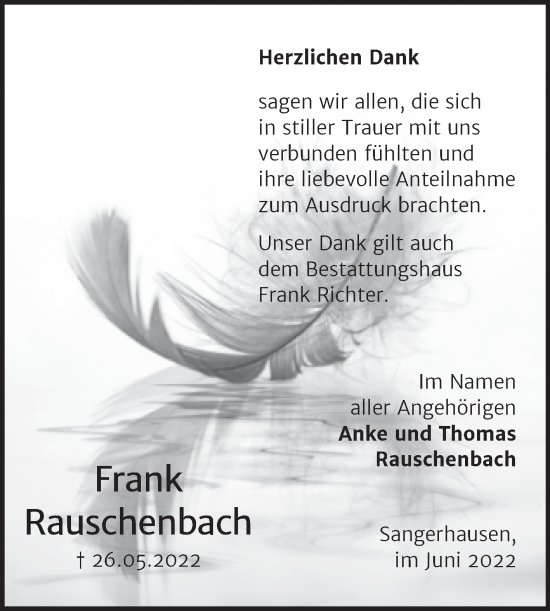 Traueranzeige von Frank Rauschenbach von Trauerkombi Sangerhausen