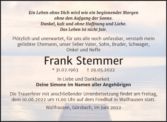 Traueranzeige von Frank Stemmer von Trauerkombi Sangerhausen