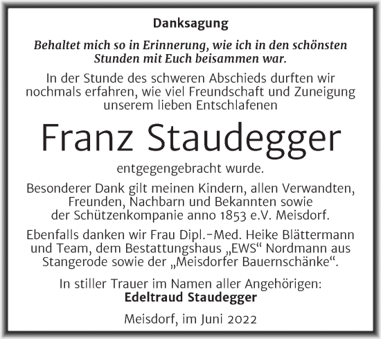 Traueranzeige von Franz Staudegger von Trauerkombi Quedlinburg
