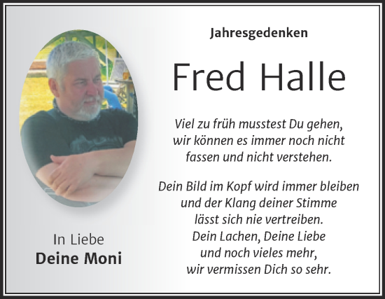 Traueranzeige von Fred Halle von Trauerkombi Bernburg