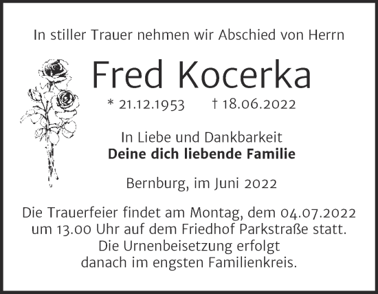Traueranzeige von Fred Kocerka von Trauerkombi Bernburg