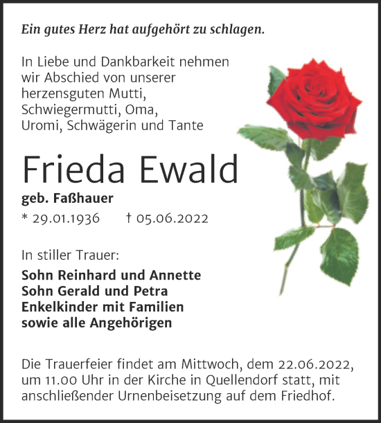 Traueranzeige von Frieda Ewald von Trauerkombi Dessau
