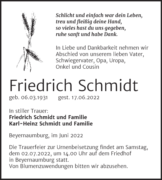 Traueranzeige von Friedrich Schmidt von Trauerkombi Sangerhausen