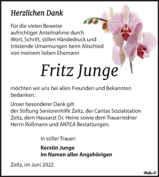 Traueranzeige von Fritz Junge von Trauerkombi Zeitz