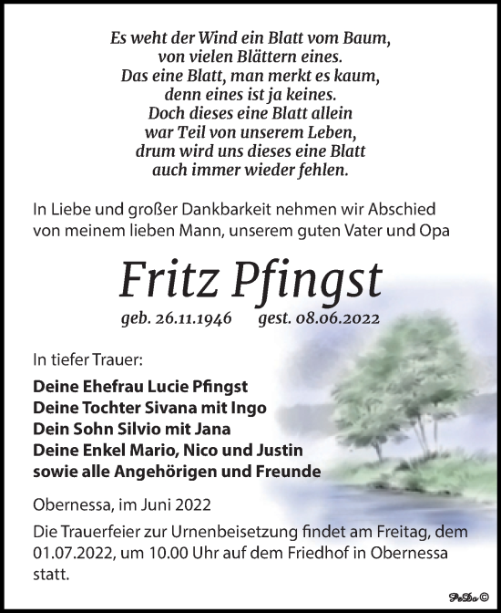 Traueranzeige von Fritz Pfingst von Trauerkombi Weißenfels