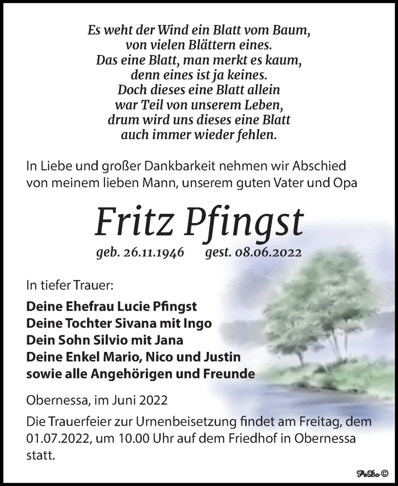  Traueranzeige für Fritz Pfingst vom 11.06.2022 aus Trauerkombi Weißenfels
