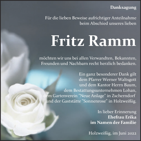 Traueranzeige von Fritz Ramm von Trauerkombi Bitterfeld