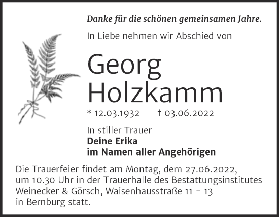 Traueranzeige von Georg Holzkamm von Trauerkombi Bernburg