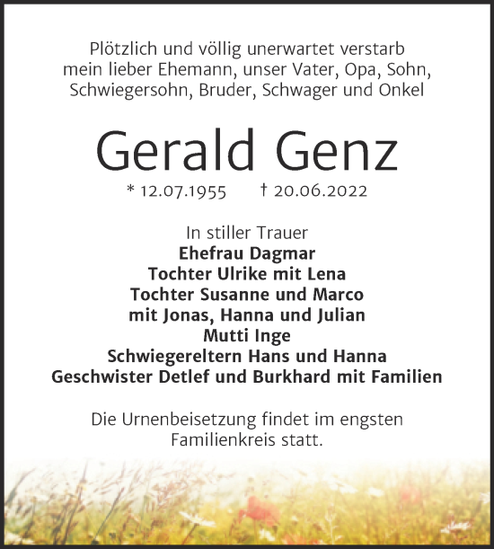 Traueranzeige von Gerald Genz von Trauerkombi Bernburg