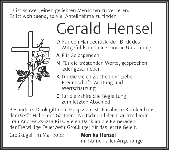 Traueranzeige von Gerald Hensel von Mitteldeutsche Zeitung Halle/Saalkreis