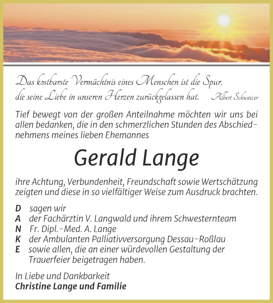Traueranzeige von Gerald Lange von Trauerkombi Köthen