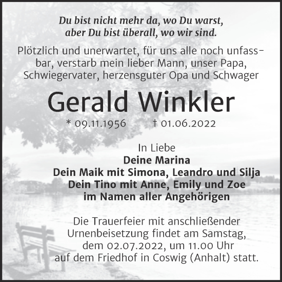 Traueranzeige von Gerald Winkler von Trauerkombi Wittenberg