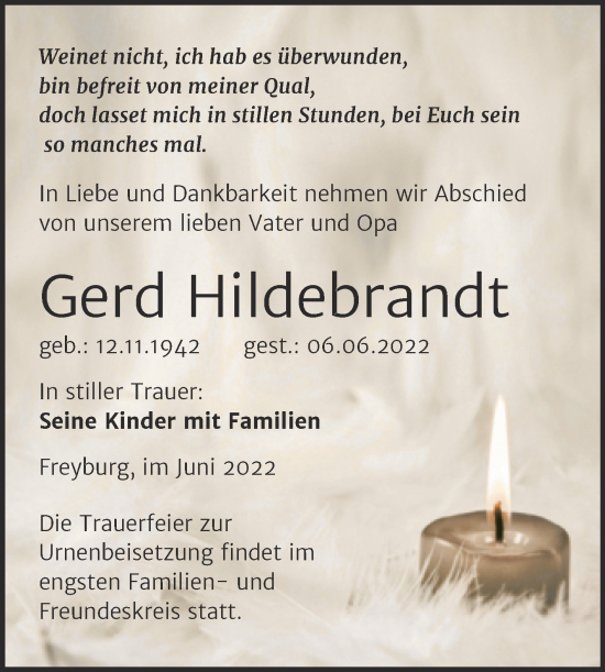 Traueranzeige von Gerd Hildebrandt von Wochenspiegel Naumburg/Nebra