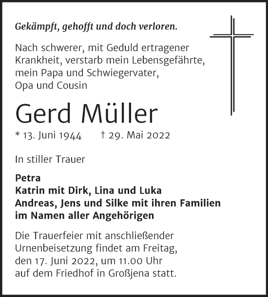 Traueranzeige von Gerd Müller von Naumburger Tageblatt