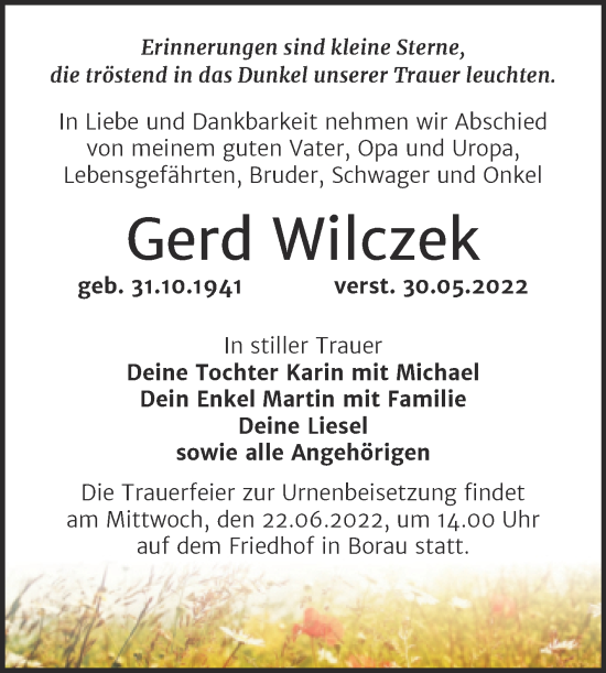 Traueranzeige von Gerd Wilczek von Trauerkombi Weißenfels