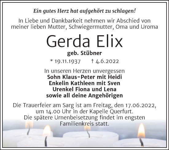 Traueranzeige von Gerda Elix von Trauerkombi Merseburg
