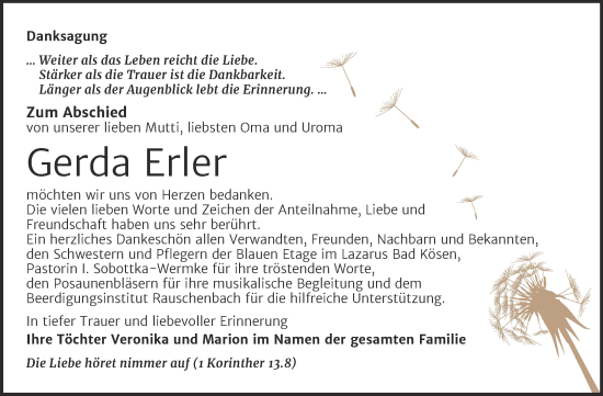 Traueranzeige von Gerda Erler von Wochenspiegel Naumburg/Nebra