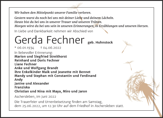 Traueranzeige von Gerda Fechner von Trauerkombi Aschersleben