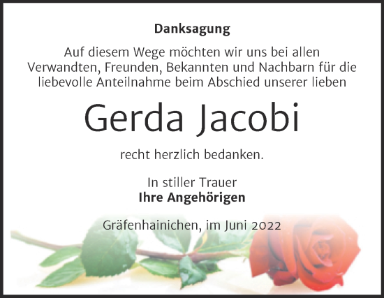 Traueranzeige von Gerda Jacobi von Trauerkombi Wittenberg