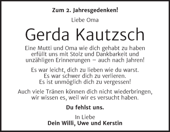 Traueranzeige von Gerda Kautzsch von Trauerkombi Wittenberg