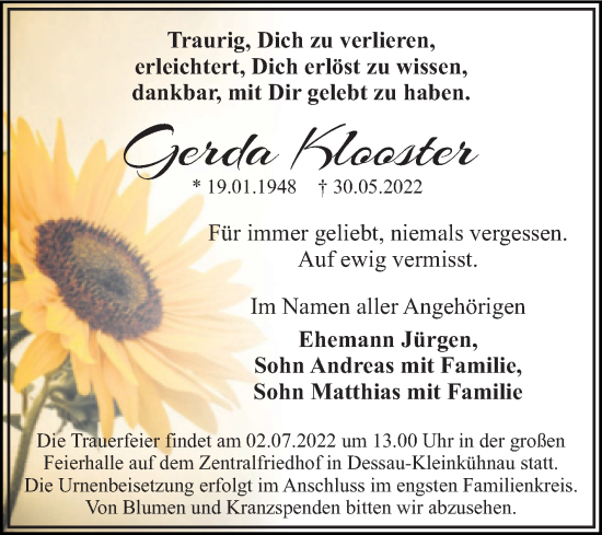 Traueranzeige von Gerda Klooster von Trauerkombi Dessau