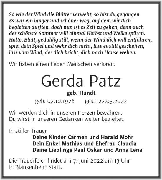 Traueranzeige von Gerda Patz von Trauerkombi Sangerhausen