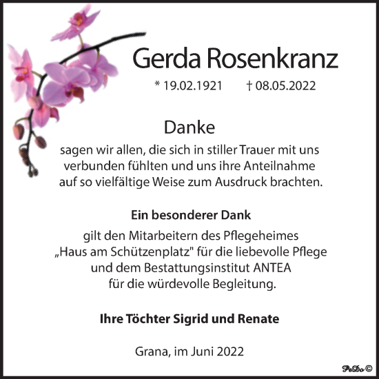 Traueranzeige von Gerda Rosenkranz von Trauerkombi Zeitz