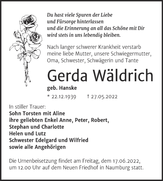 Traueranzeige von Gerda Wäldrich von Wochenspiegel Naumburg/Nebra