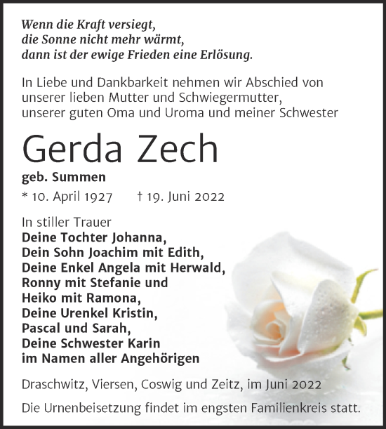 Traueranzeige von Gerda Zech von Trauerkombi Zeitz